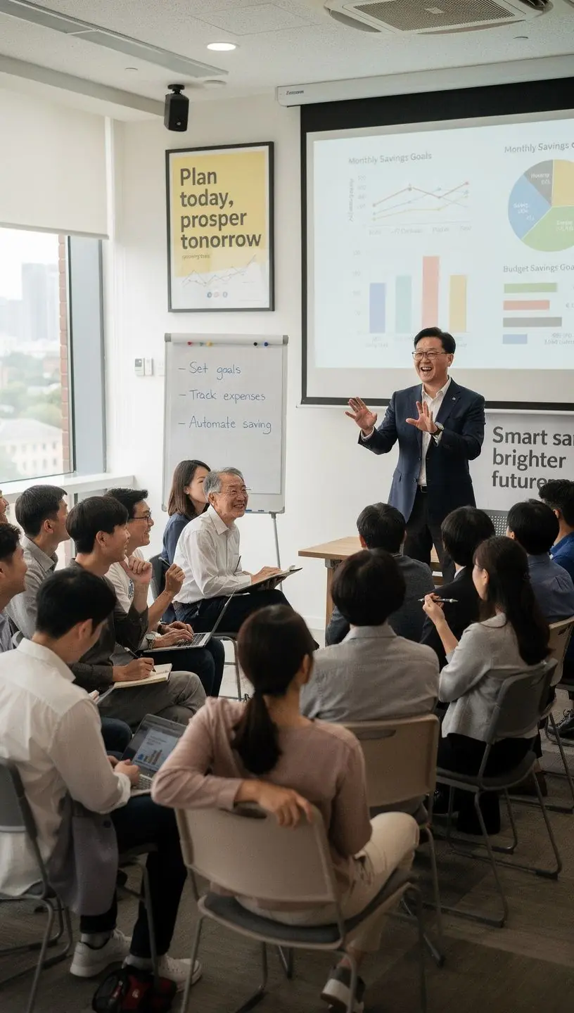 Ilustrácia spokojnej rodiny diskutujúcej o finančných cieľoch pri stole doma.